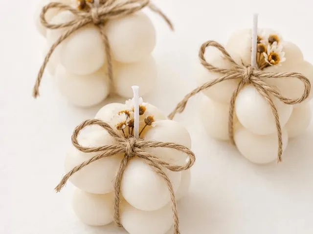 Velas burbuja de cubos Velaza en azul, blanco y dorado con flores secas