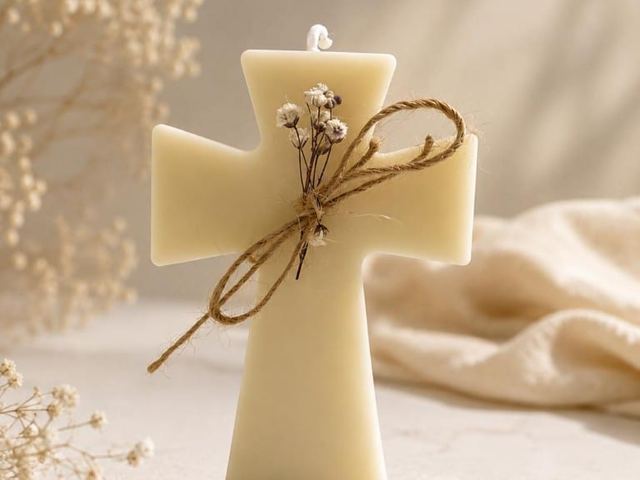 Vela cruz Velaza en cera crema con lazo de yute y flores secas