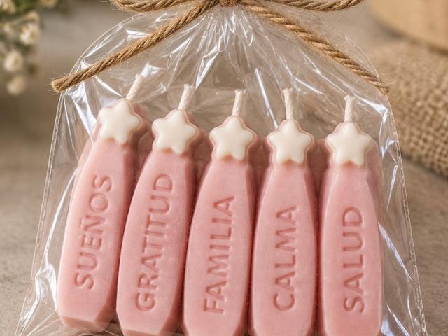 Velitas baby Velaza en rosa, con palabras Sueños, Gratitud, Familia, Calma y Salud